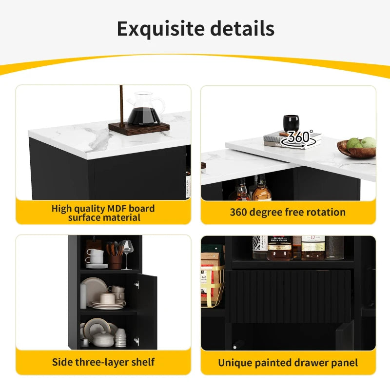 360° Swiveling Kitchen Island with Marble Top & Storage - Stylish Bar Table for Kitchen & Living Room, Black, 198.5L x 30W x 72.5H cm