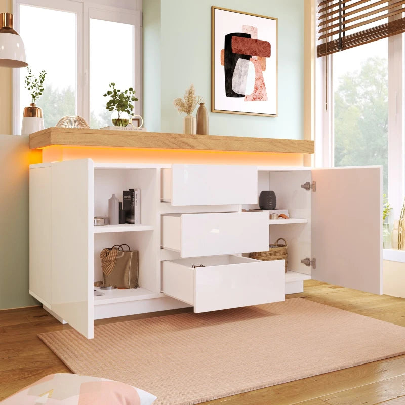High-Gloss White Chest of Drawers with LED Lighting - 2 Doors & 3 Drawers Sideboard Cabinet, 140x39x81 cm