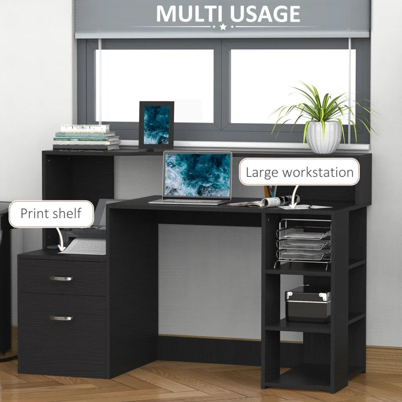 Large Black Computer Desk with Drawers & Storage Shelves - Office Writing Table & Printer Stand for Home Office, 137x55x92cm