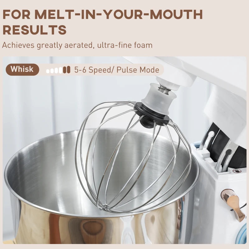 5L Stand Mixer for Baking - 1400W Electric Kitchen Mixer with 6 Speeds, Dough Hook, Whisk & Stainless Steel Bowl - White