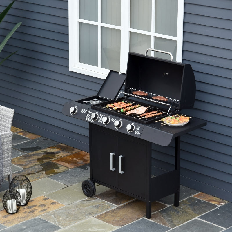 5-Burner 4+1 Black Gas BBQ Grill with Smoker and Side Table - Outdoor Barbecue Trolley with Wheels, Warming Rack, Side Shelves, Cabinet, Thermometer