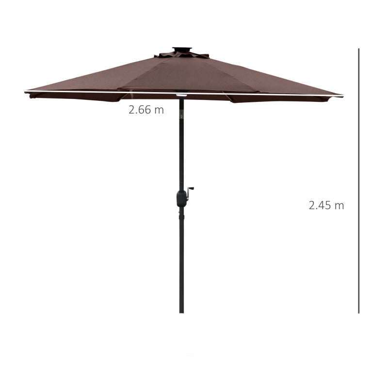 2.7m Solar LED Patio Umbrella with Crank Tilt - Coffee Brown