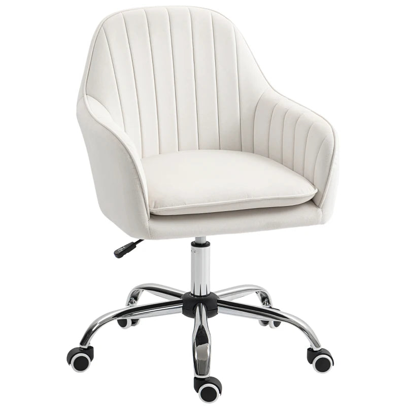Cream White Velvet-Feel Office Chair with Adjustable Height & Smooth Wheels - Ergonomic Comfort for Home & Office