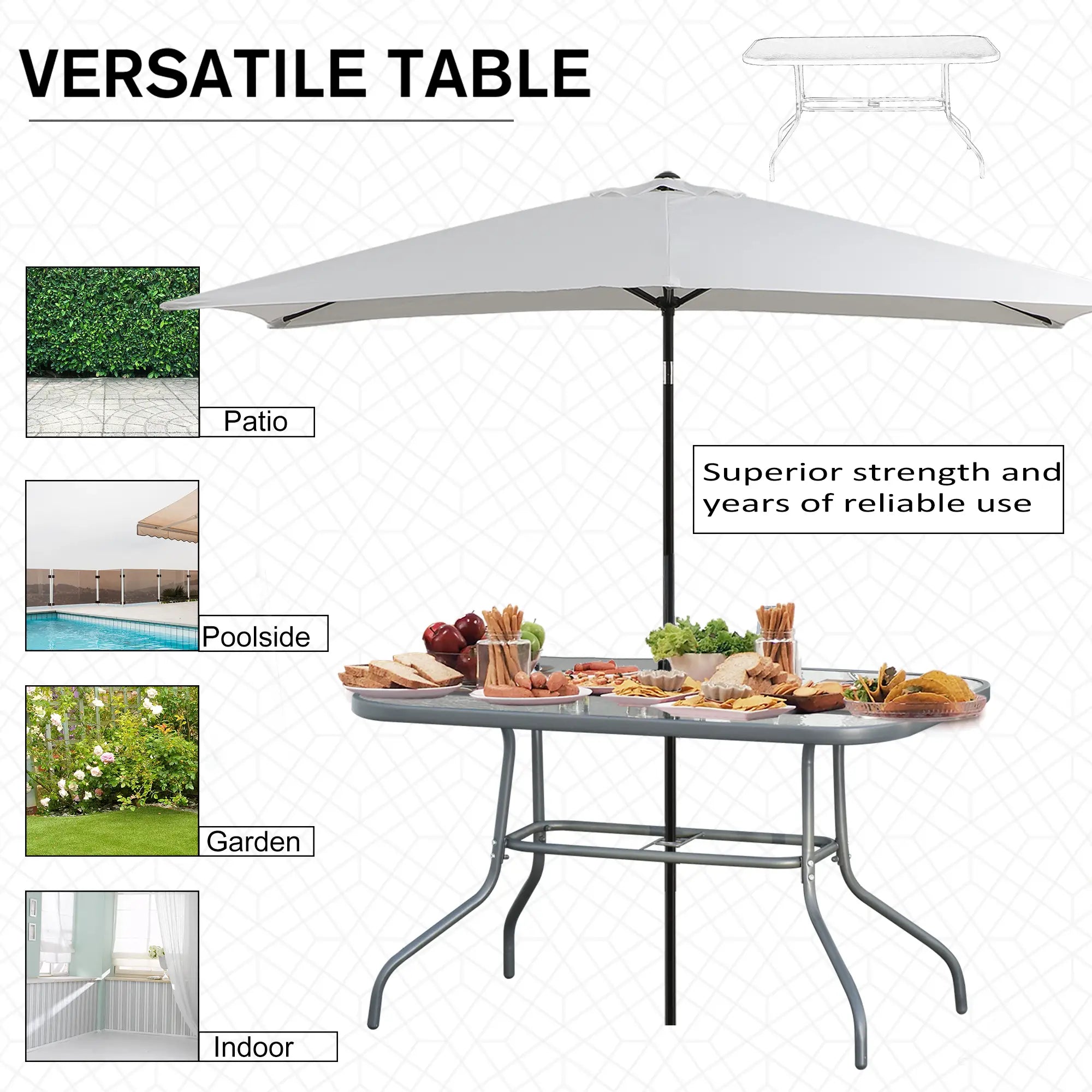 Grey Outdoor Dining Table with Glass Top and Parasol Hole - 120x80cm