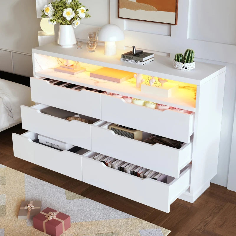 Modern Marbled 6-Drawer Sideboard with RGB LED Lighting - Stylish Storage Cabinet for Living Room & Home Office, 120x40x85 cm, White