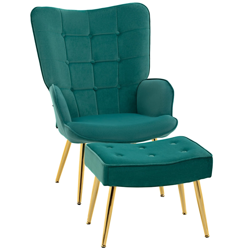 Stylish Velvet Wingback Armchair with Footstool for Living Room, Bedroom or Home Office in Dark Green
