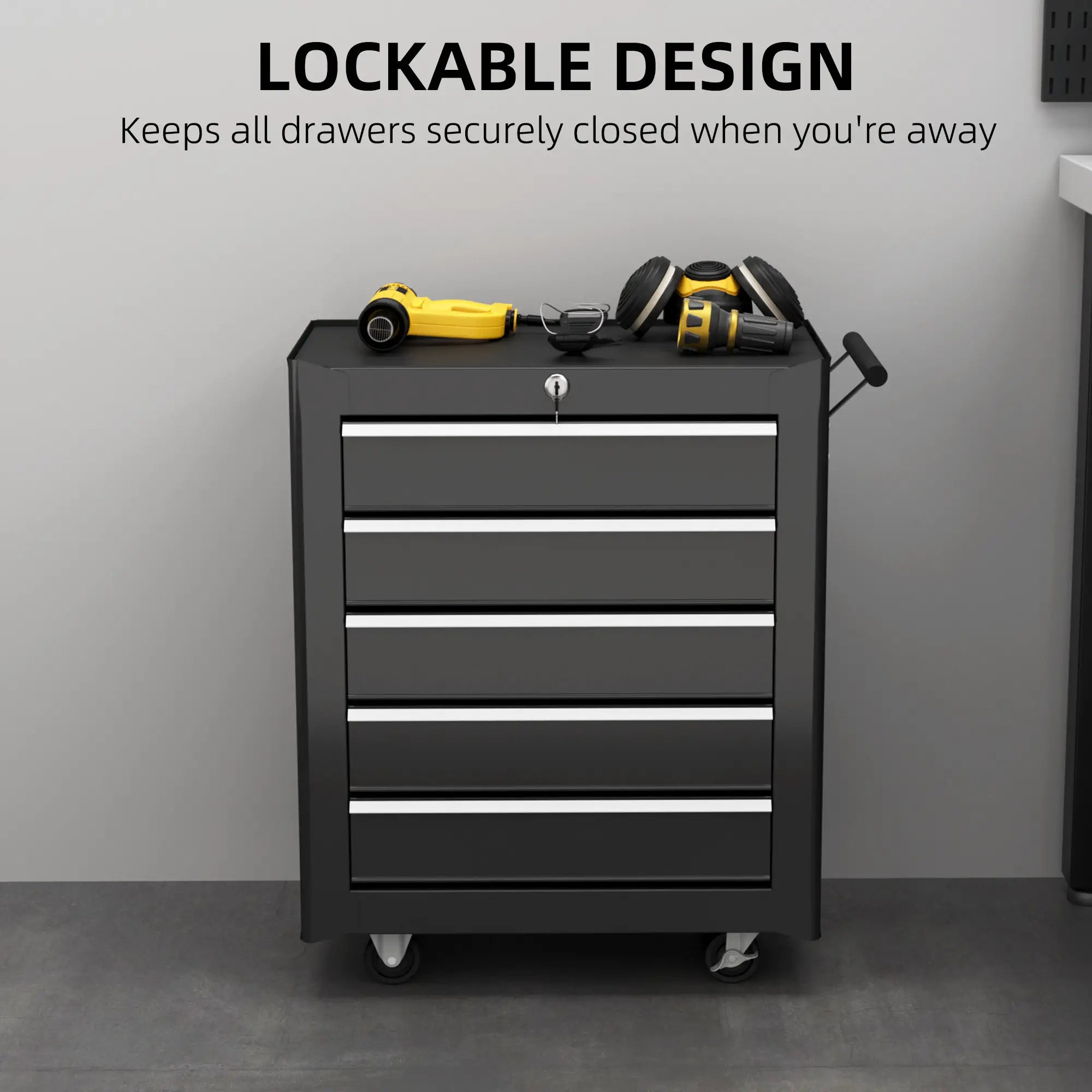 5-Drawer Tool Chest With Wheels - Steel Lockable Tool Storage Cabinet with Handle, 2 Keys for Garages & Workshops