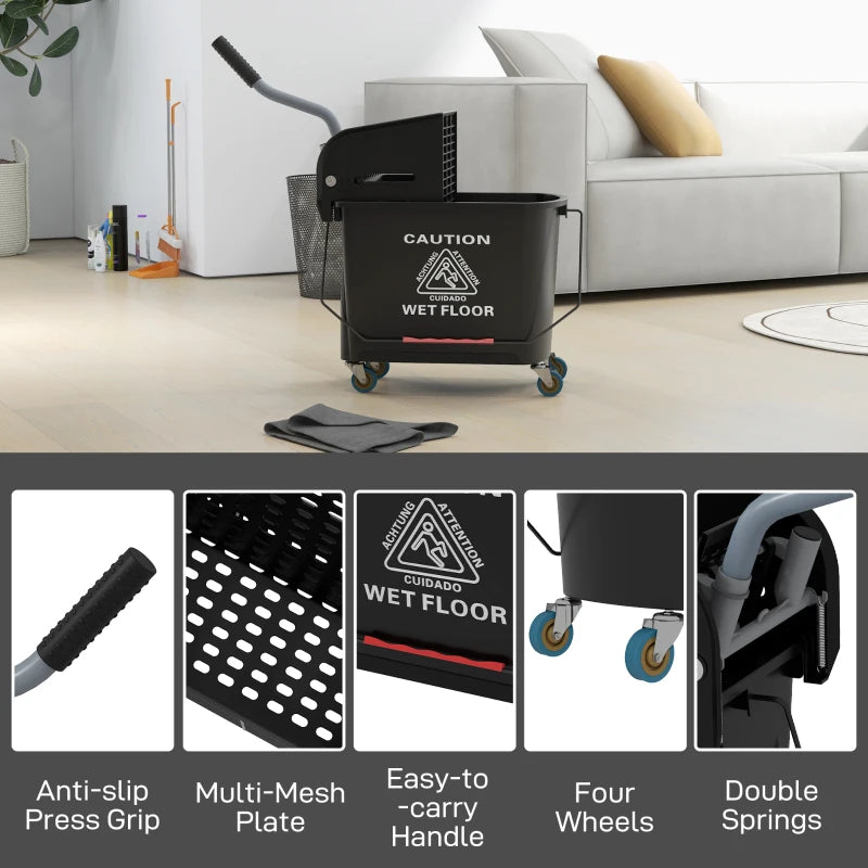 20L Compact Mop Bucket on Wheels with Water Separation Panel - Durable Black Cleaning Solution for Efficient Floor Care