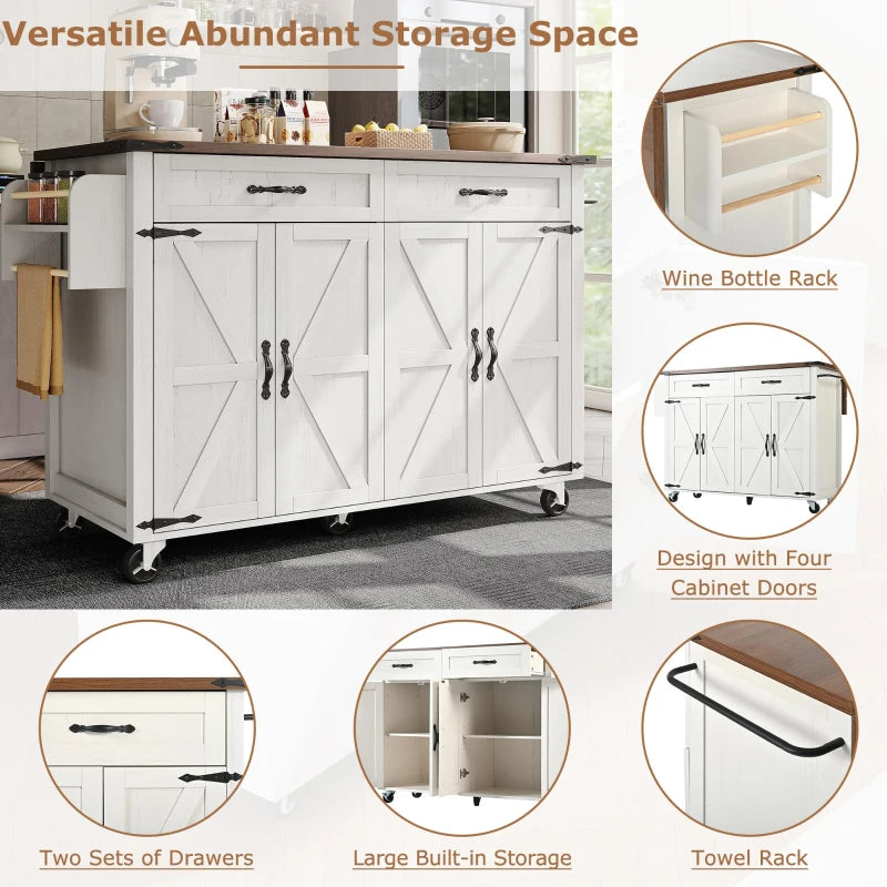 Farmhouse Style Kitchen Island Trolley - Adjustable Shelf, Cabinets & Drawers, Modern Rolling Storage Cabinet, White, 140x73x90.5 cm