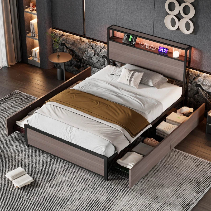 Metal Single Bed with LED Light Strip, 4 Drawers & 3 USB Ports - Stylish Grey Bedroom Furniture, 207x90.5x105 cm