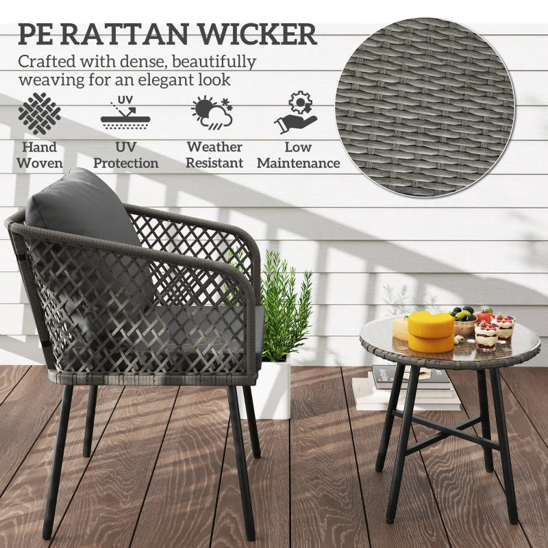 3 Piece Rattan Bistro Set with 2 Chairs & Glass Table for Garden, Balcony, Grey