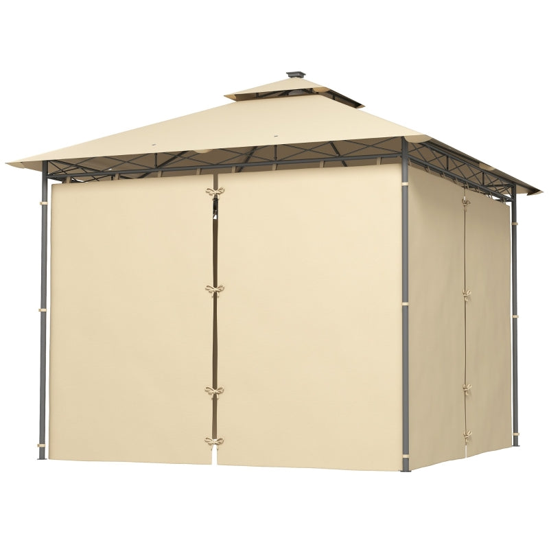 3m x 3m Beige Garden Gazebo with Double Roof, Metal Frame, Curtains & Solar-Powered LED Lights - Outdoor Canopy Shelter for Patio & Decking