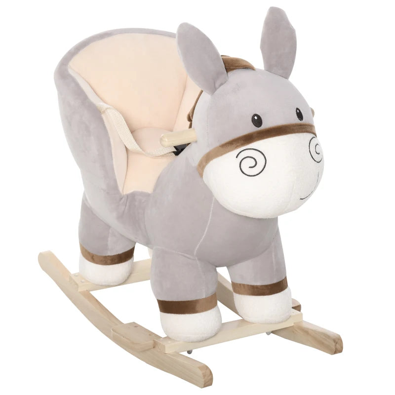 Kids Plush Rocking Horse with Sound | Safe Wooden Base Ride-On Donkey Toy for Toddlers 18-36 Months - Grey