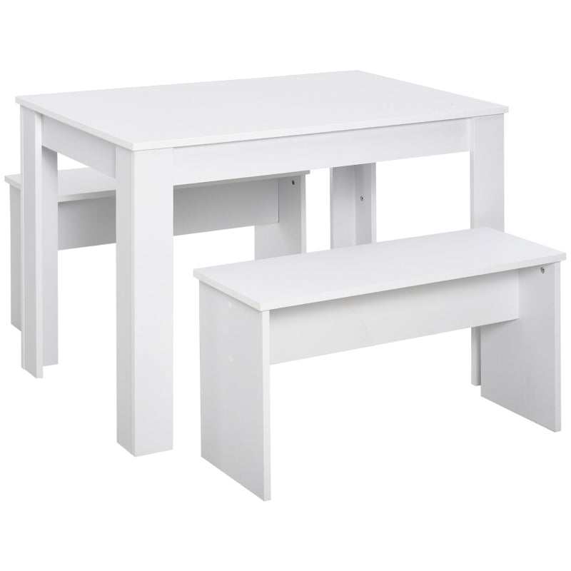 Compact White Kitchen Dining Table Set with 2 Benches - Space-Saving Table and Chairs for Small Areas