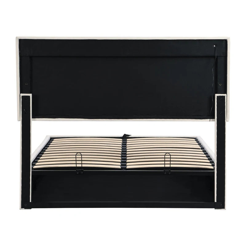 Elegant Velvet Upholstered Double Bed with Storage & LED Lights - Iron Frame, 199x150x123 cm, Beige - Modern Bedroom Furniture