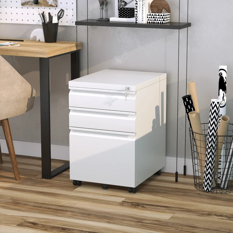 Vinsetto Mobile 3 Drawer Metal Filing Cabinet - Anti-Tilt Design for Letter, A4, Legal Size - White