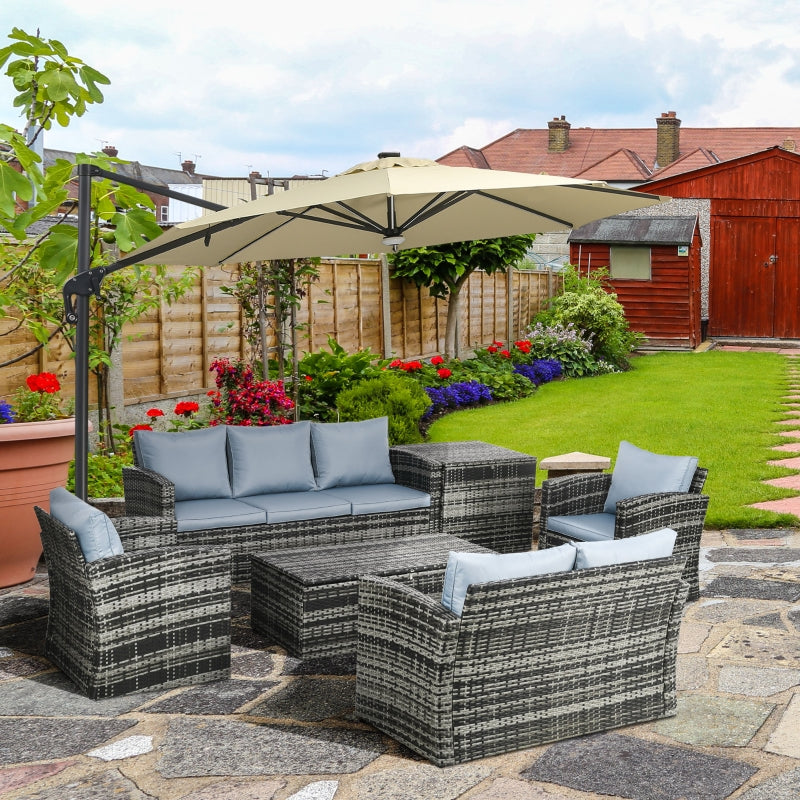 6 Pieces Grey Rattan Garden Furniture Set - 7 Seater Wicker Outdoor Sofa Set with Storage Tea Table & Side Table, Cushions Included
