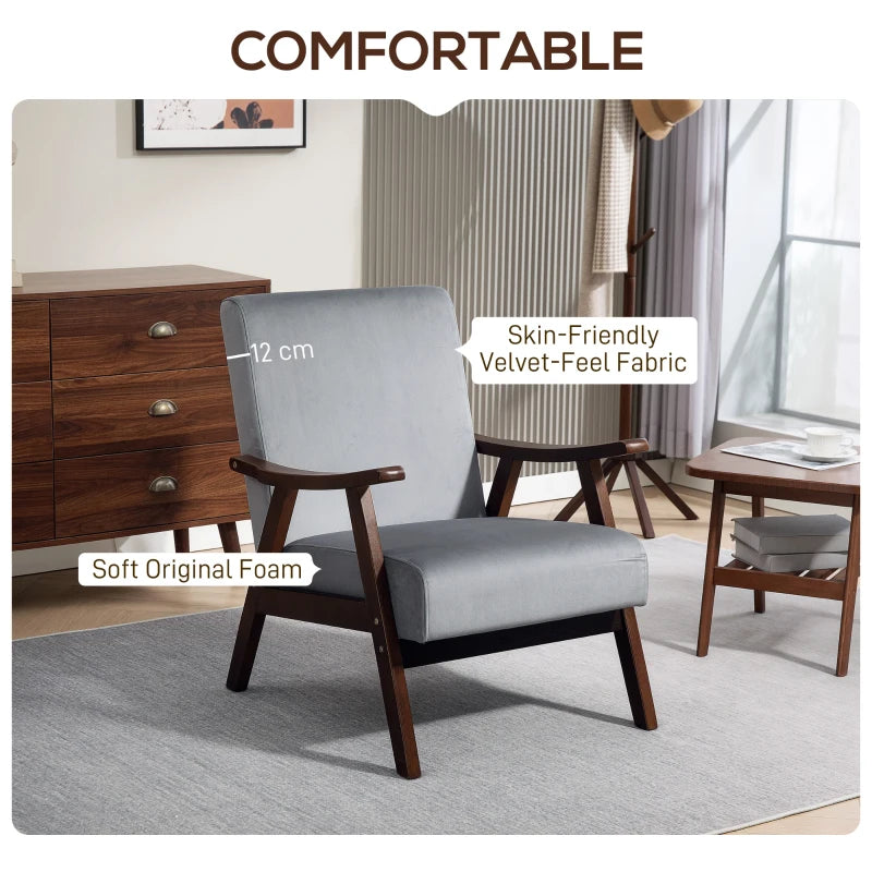 Nordic Accent Chair - Upholstered Velvet Armchair with Solid Wood Frame & Thick Padding for Living Room/Bedroom - Grey