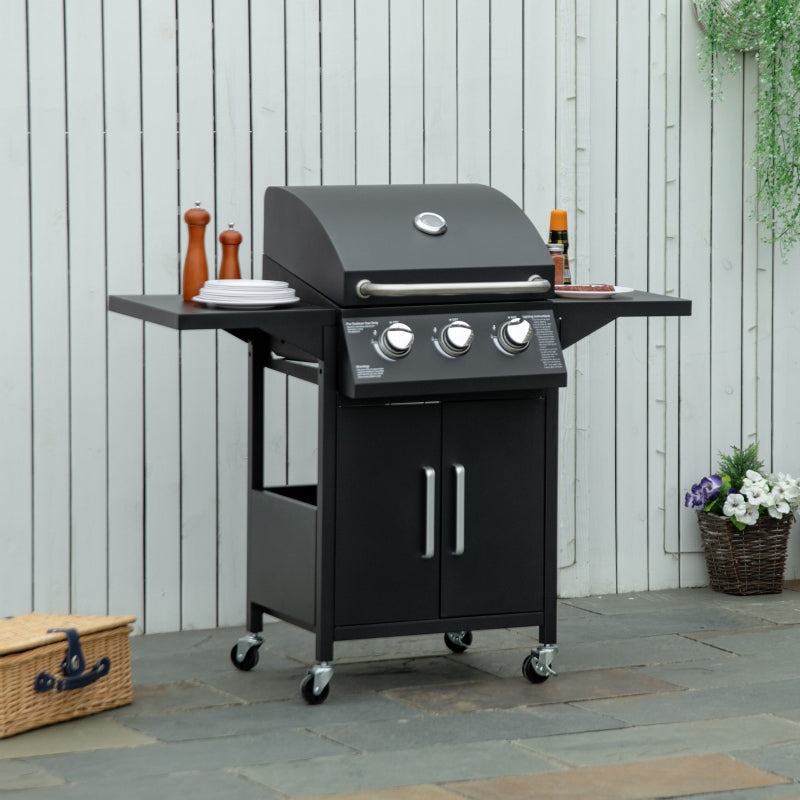 Black 3-Burner Gas BBQ Grill with Side Shelves & Storage Cabinet