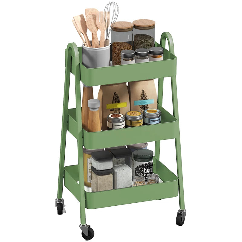 Versatile Three-Tier Green Storage Trolley - Perfect for Organizing Home, Office, or Kitchen - Stylish and Functional Design