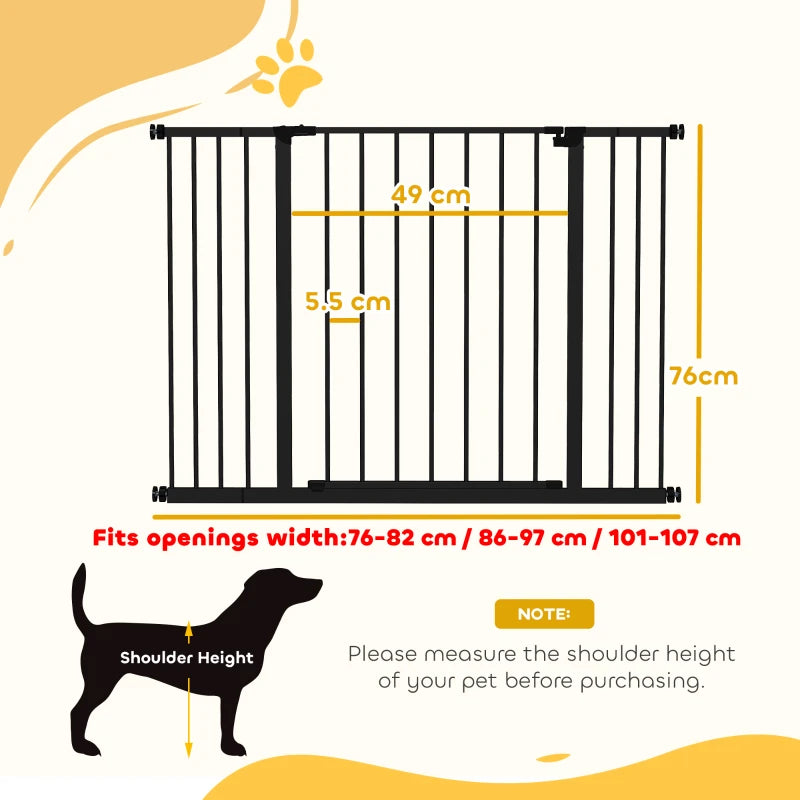 Adjustable Dog Gate - Pet Safety Barrier for Stairs, Pressure Fit 76-107 cm, Black - Secure Your Home