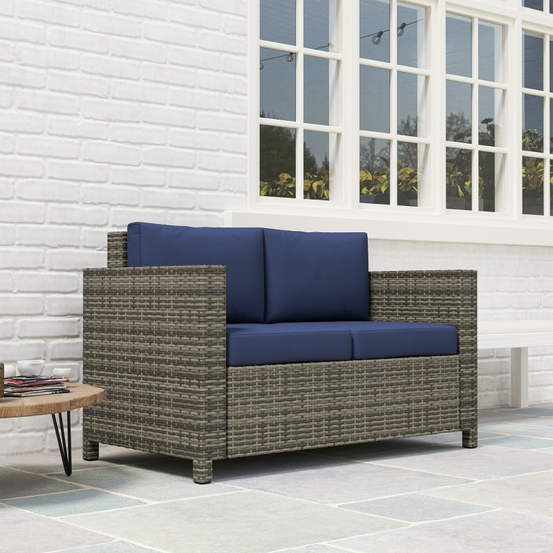 Navy Blue Rattan 2 Seater Garden Sofa with Soft Padded Cushions and Armrests - Wicker Loveseat for Patio