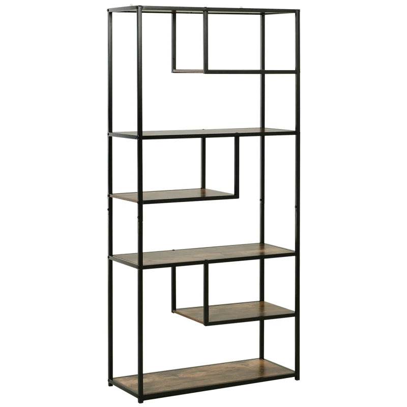 Industrial 6-Tier Bookcase - Tall Steel Frame Shelf Unit for Home Office, Living Room, Rustic Brown & Black, 82x33.5x175 cm