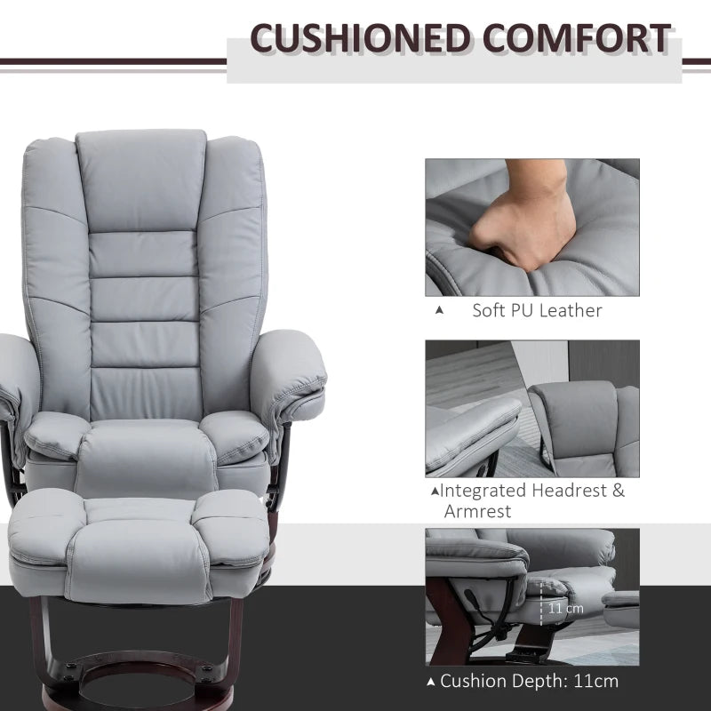 Ergonomic Recliner Chair with Footstool, 130kg Capacity, 135° Reclining Swivel Sofa for Living Room, Grey PU Leather