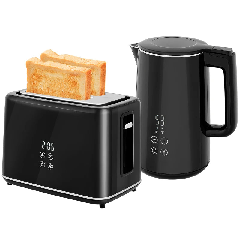 Polished Black Stainless Steel Kettle and Toaster Set - Stylish Kitchen Appliances for Modern Homes