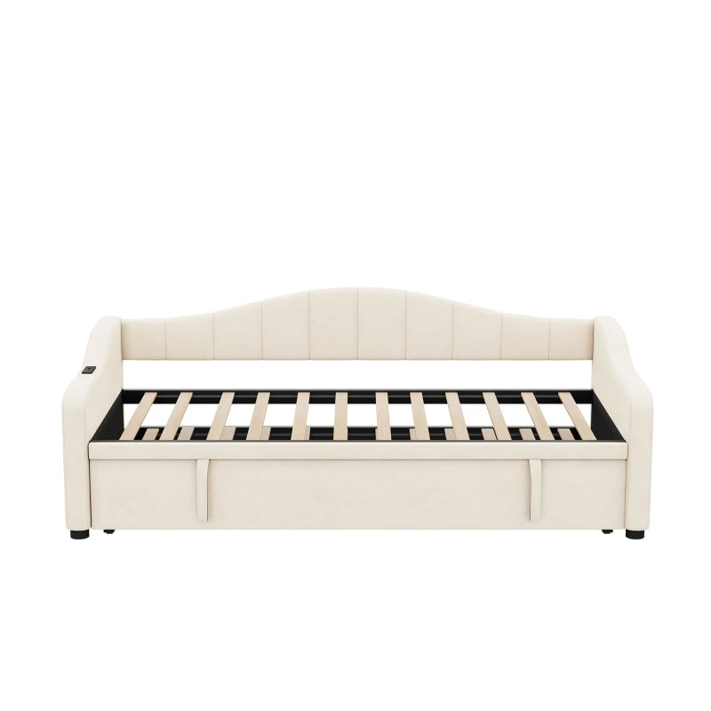 Beige Velvet Upholstered Daybed with USB & Type-C Ports, Convertible Sofa Bed & Pull-Out Trundle, 202x193x78 cm
