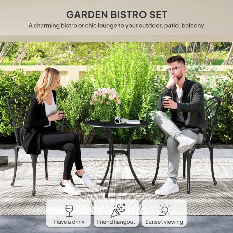 3 Pieces Bronze Tone Garden Dining Set for 2 - Cast Aluminium Outdoor Dining Set with 2 Armchairs and Round Table with Parasol Hole