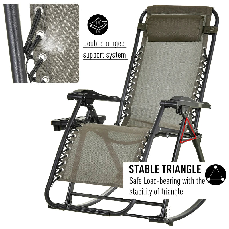 Grey Folding Rocking Sun Lounger Chair with Headrest and Side Holder
