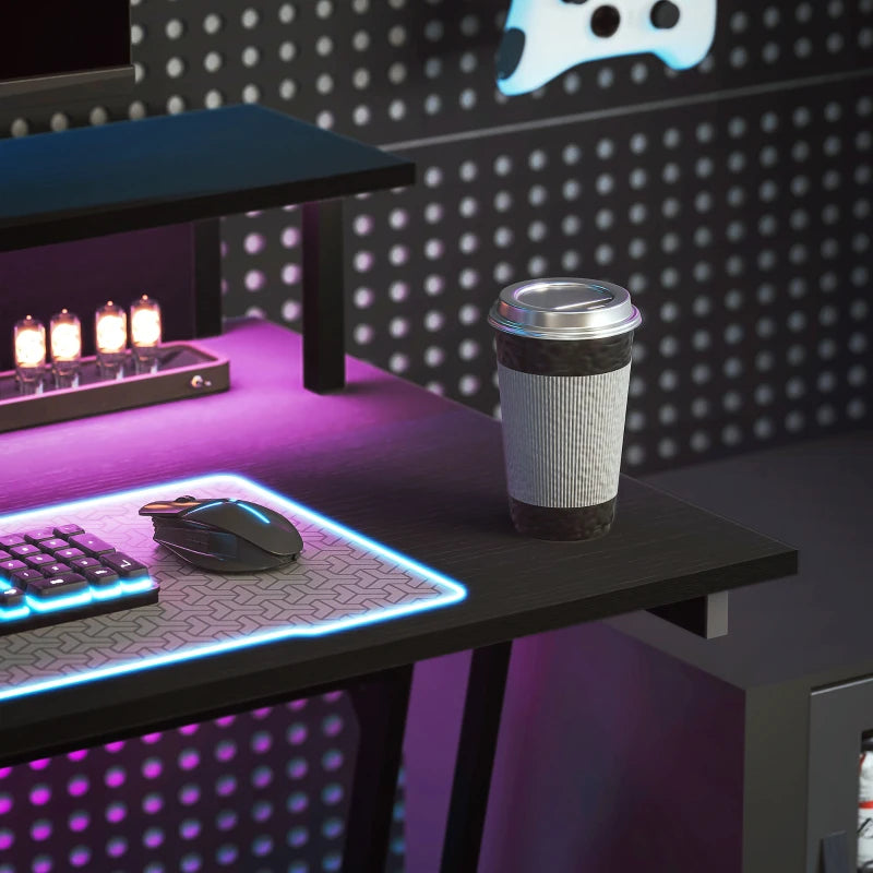Two-Level LED Gaming Desk - Black | Modern Ergonomic Design with RGB Lighting for Ultimate Gaming Experience