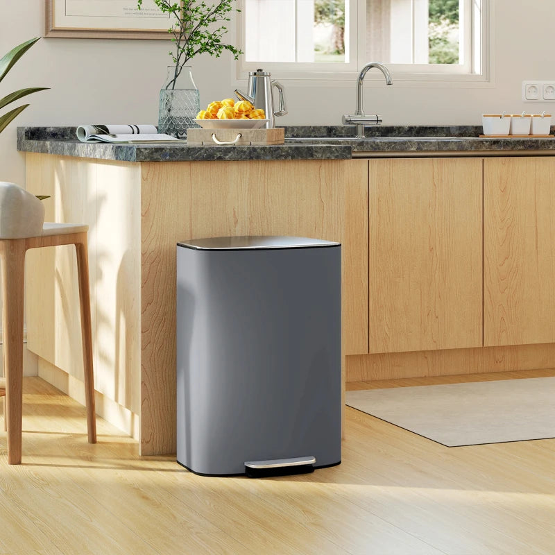 50L Stainless Steel Kitchen Bin with Soft-Close Lid, Stay-Open Function, Removable Inner Bucket & Carry Handle - Grey