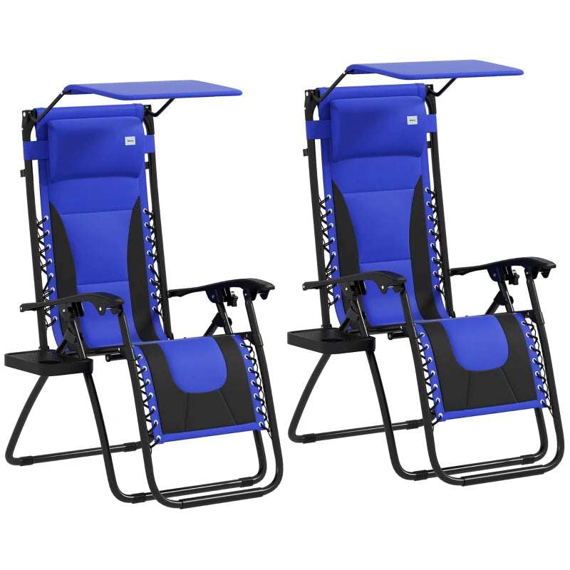 Zero Gravity Lounger Chair Set of 2 - Folding Reclining Patio Chairs with Shade Cover, Cup Holder, Soft Cushion and Headrest for Poolside, Camping - Blue