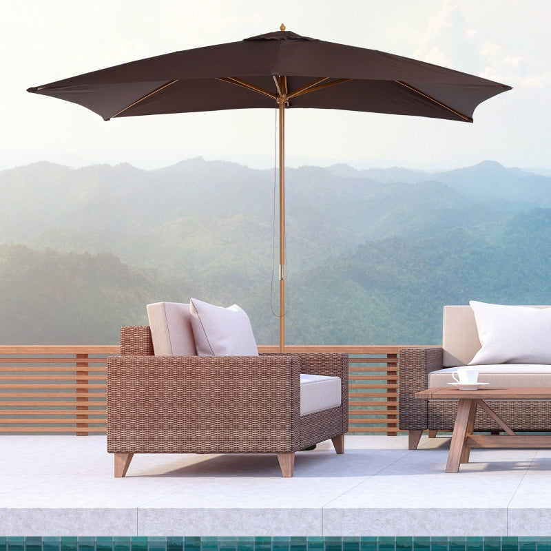 Dark Coffee Wooden Garden Parasol Umbrella - 2 x 3m Outdoor Sun Shade