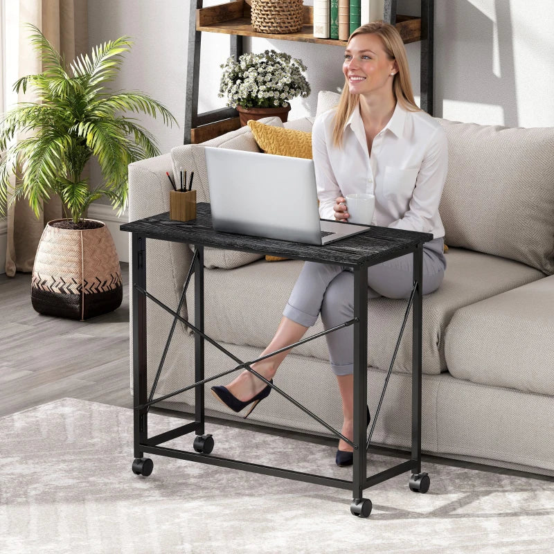Compact 80 cm Folding Desk on Wheels - Versatile Black Mobile Workstation for Home Office, Study, and Small Spaces