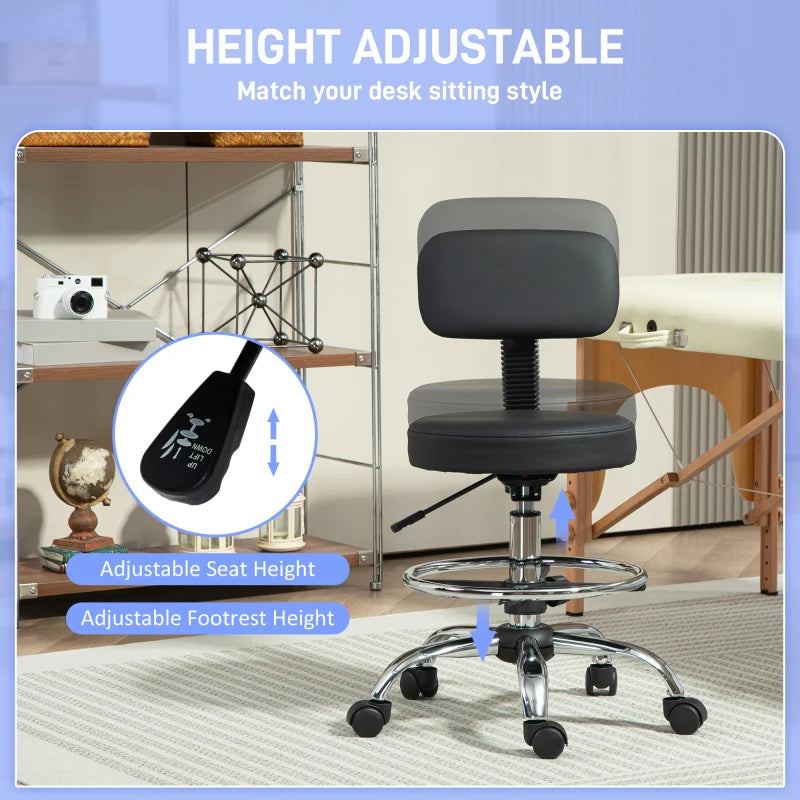 Ergonomic Drafting Chair with Backrest & Adjustable Footrest - Leather Padded Rolling Office Stool for Home & Office, Black