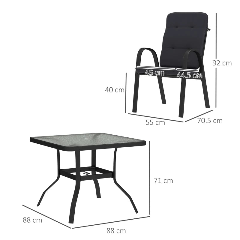 5-Piece Outdoor Square Garden Dining Set with Glass Table & Cushioned Chairs - Black
