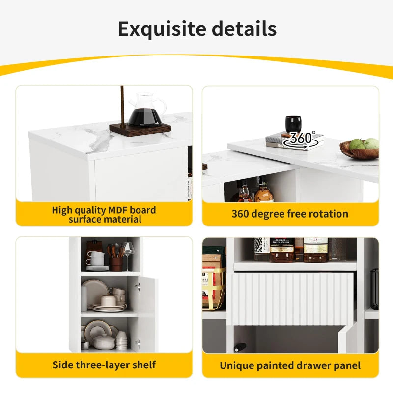 360° Swiveling Bar Table with Marble Top & Open Storage - Stylish Kitchen & Living Room Furniture, 198.5L x 30W x 72.5H cm, White