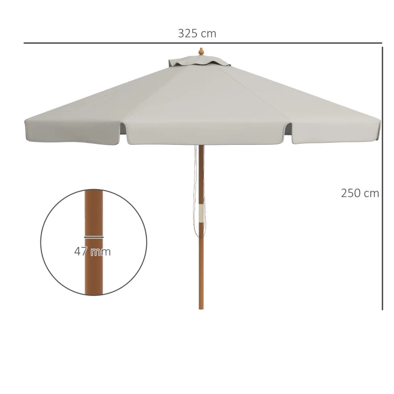 3.3m Grey Garden Parasol Umbrella - Outdoor Sun Shade Canopy with 8 Bamboo Ribs and Wood Pole