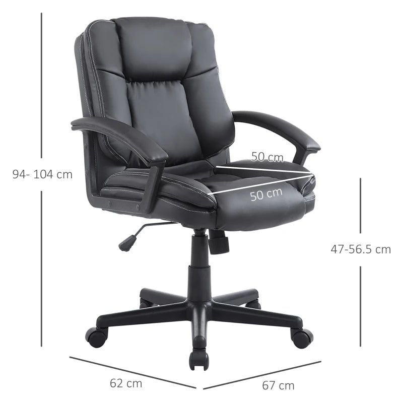 Ergonomic PU Leather Office Chair - Adjustable Mid Back Executive Desk Chair with Swivel Wheels for Home & Study, Black