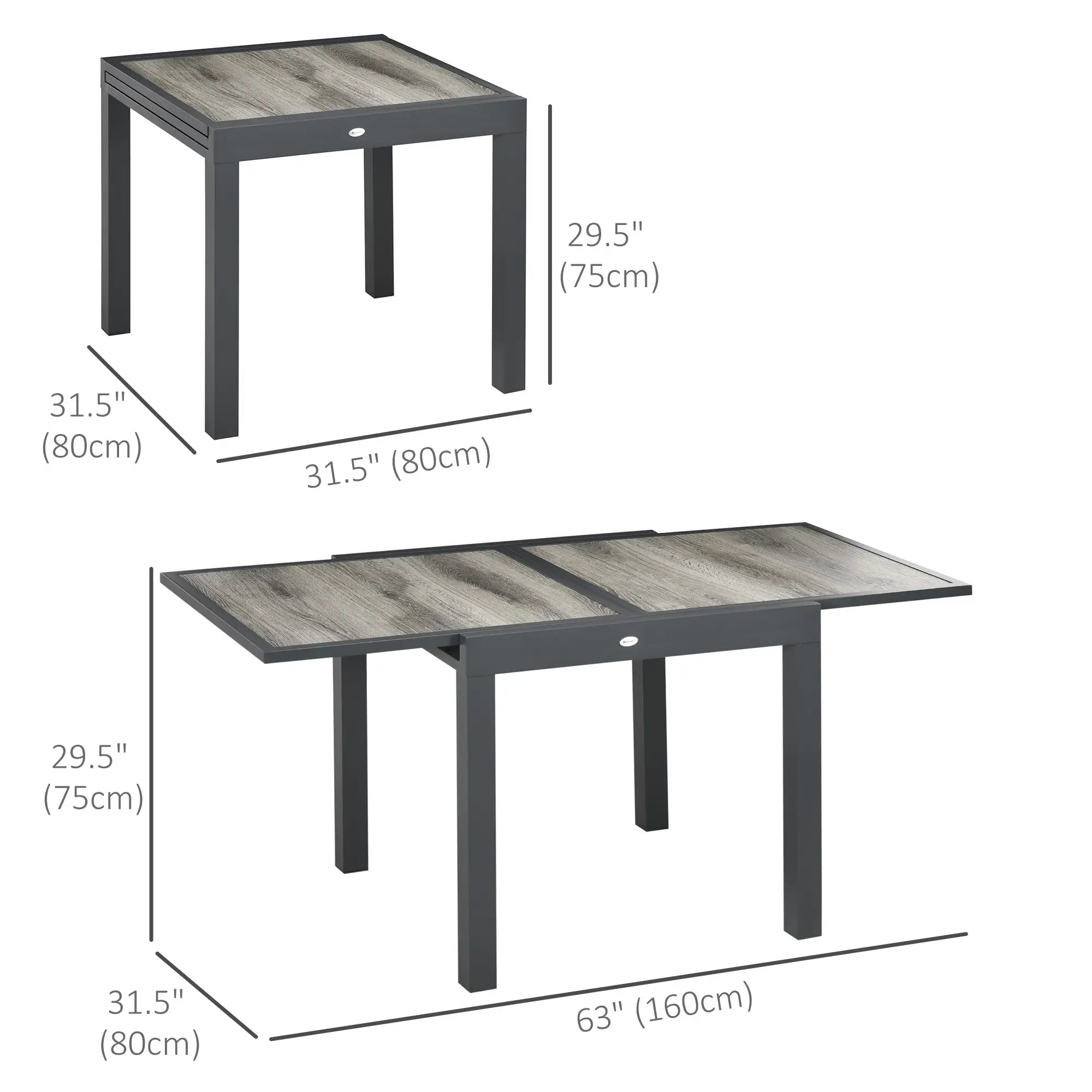 Grey Extendable Outdoor Dining Table for 6, Aluminium Frame, Rectangular Patio Table, 80/160L x 80W x 75H cm