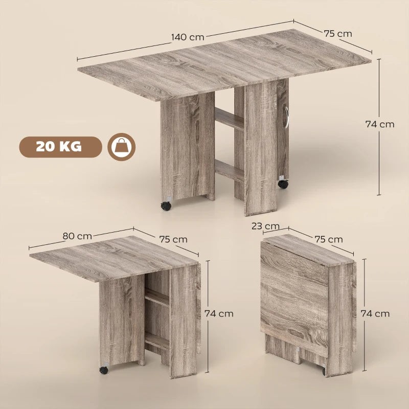 Folding Drop Leaf Dining Table with 2-Tier Shelves & Rolling Casters - Space-Saving Grey Table for Kitchen & Small Spaces