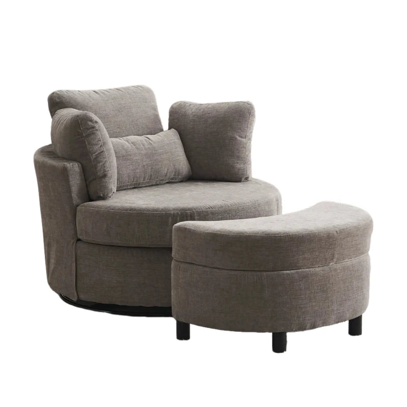 Stylish Grey Chenille Swivel Armchair with 3 Back Cushions and Crescent Ottoman Stool, 360° Rotation, 107L x 105W x 82H cm