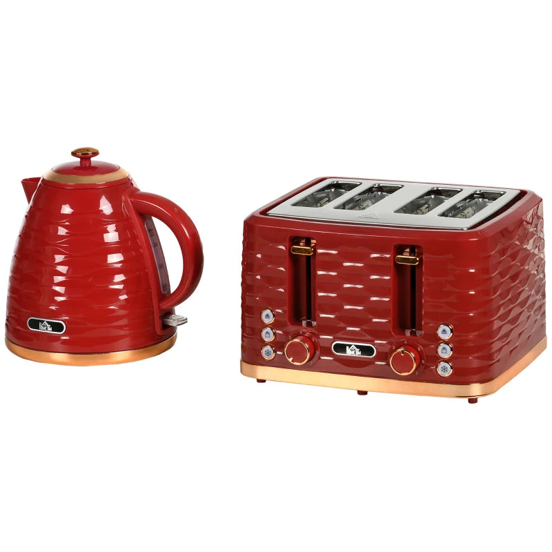 3000W Rapid Boil Kettle & 4 Slice Toaster Set - 1.7L Kettle with 7 Browning Controls, Crumb Tray, Red
