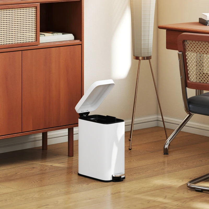 5L Rectangular Compact Steel Trash Can with Removable Bucket & Quiet-Close Lid - Ideal for Home, Office, Bathroom, Living Room - Clean White