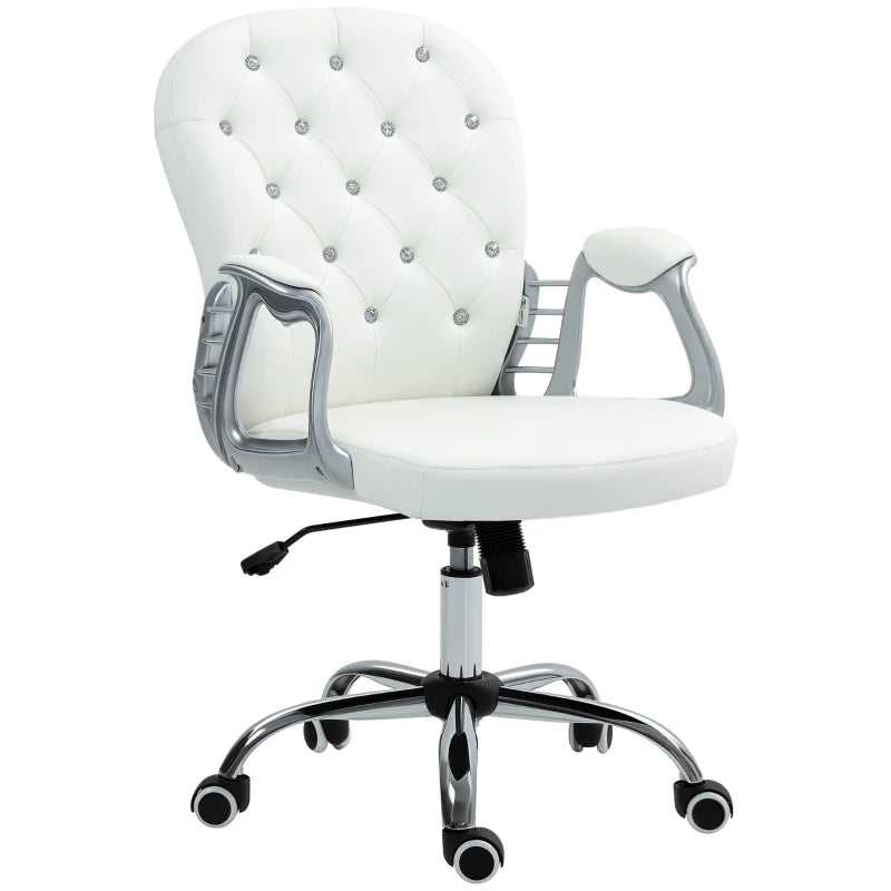 Ergonomic 360 Degree Swivel Office Chair with PU Diamante Padding and 5 Castor Wheels for Home and Work in White