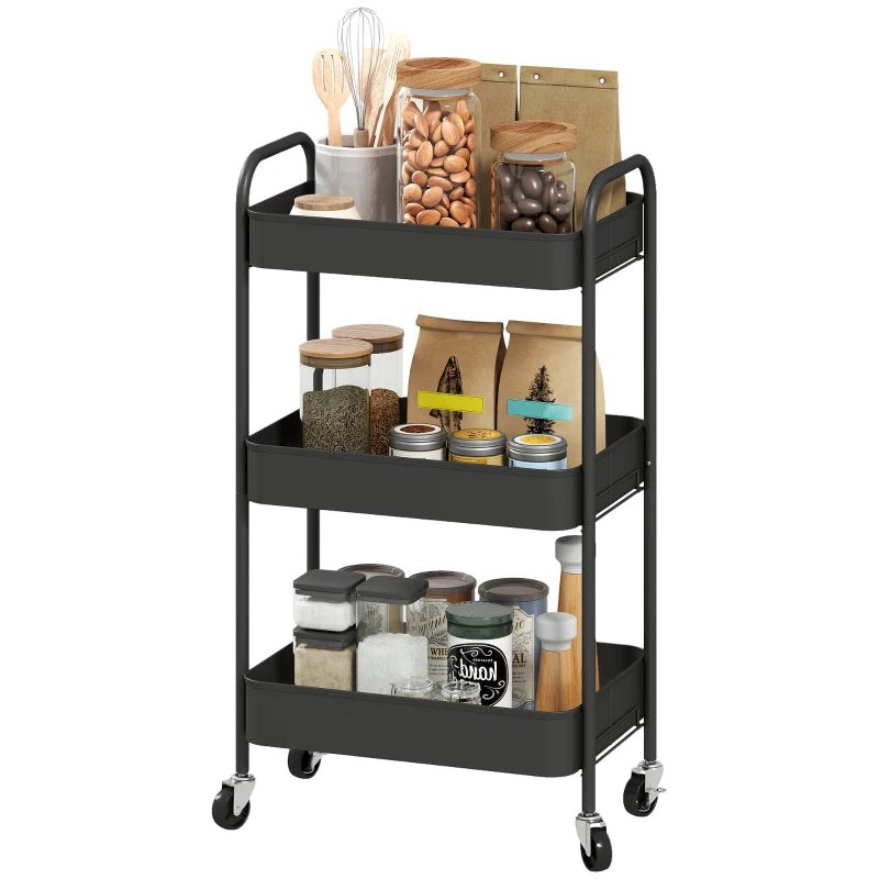 Three-Tier Black Steel Storage Trolley - Versatile Rolling Cart for Kitchen, Office, or Home Organization