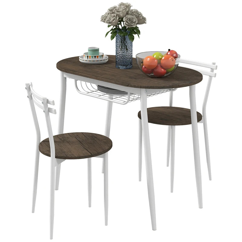 3-Piece Oval Dining Table Set with 2 Chairs & Wire Storage Shelf - Natural Steel Frame Kitchen Furniture